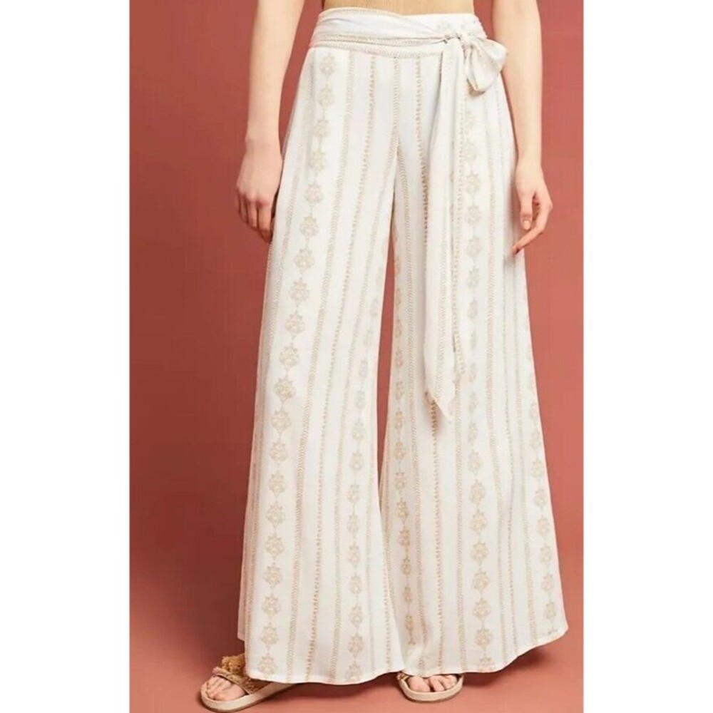 Anthropologie Cream and Gold Wide Leg Pants